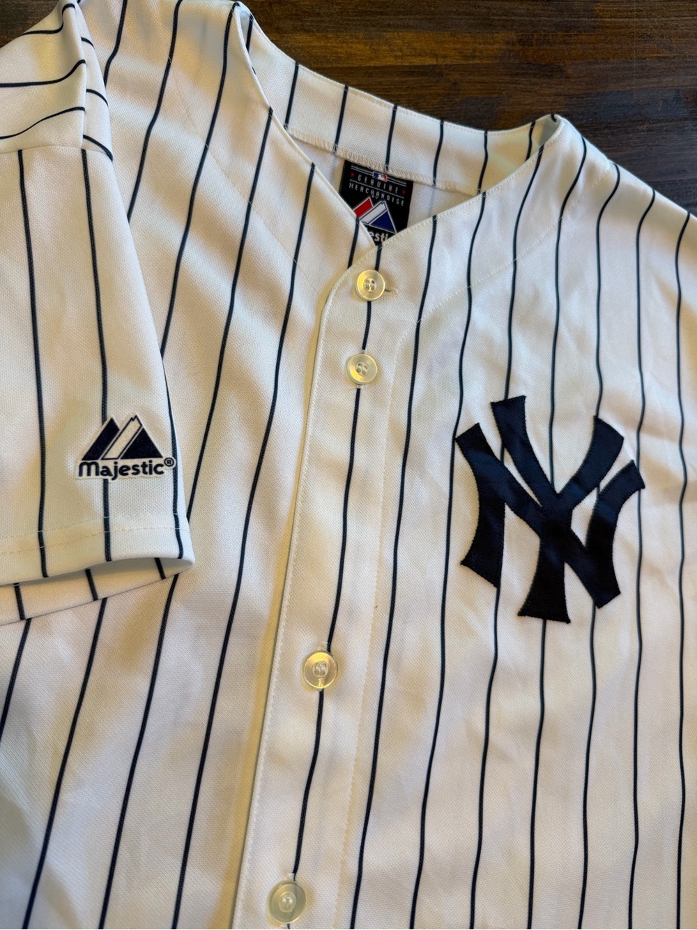 Majestic New York Yankees White Navy Pinstripe Jersey, boys XL, or Women’s Small